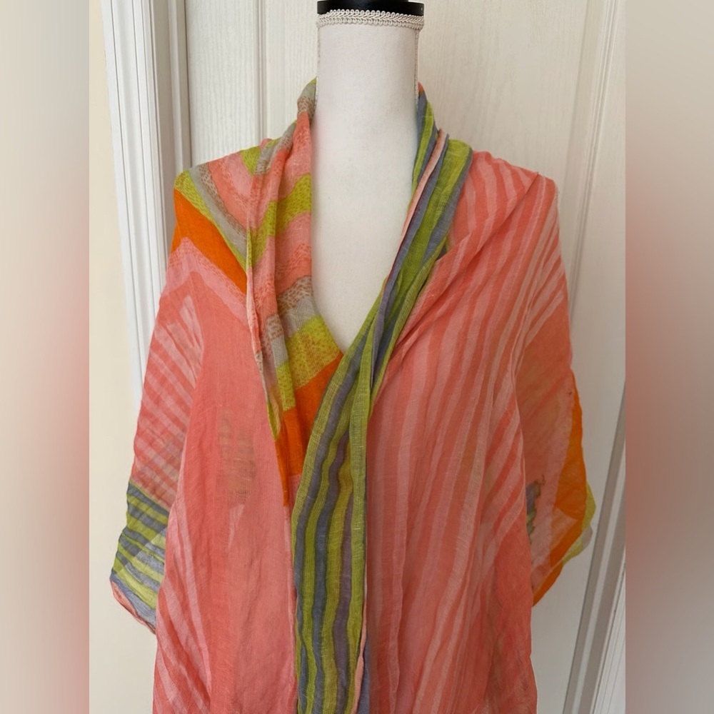 Anthropologie Green Pink Lightweight Linen Silk Blend Summer Blanket Scarf Wrap